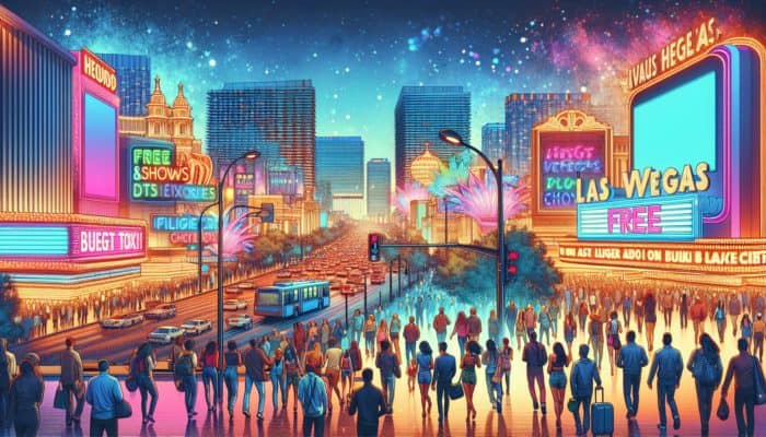 Las Vegas Strip at night, budget travelers enjoying affordable entertainment amidst vibrant neon lights.