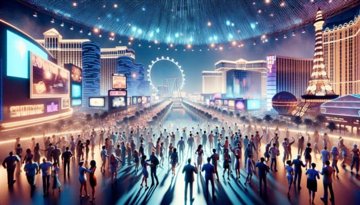 A lively Las Vegas night scene with people enjoying bundled entertainment deals, including a show, dining, and the High Roller Observation Wheel under vibrant neon lights.