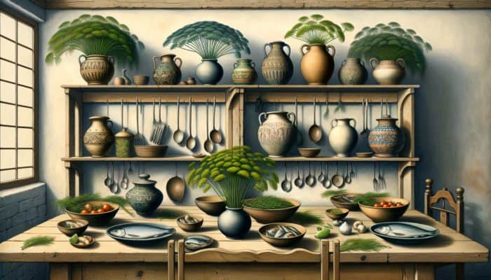 Dill for Digestive Calm: Medieval British kitchen with dill plants, Roman pottery, and fish dishes garnished with dill.