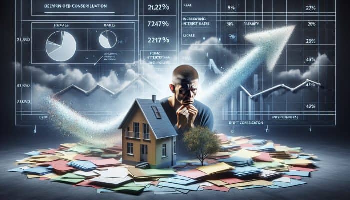 Homeowner in the UK concerned about decreasing home equity amidst rising interest rates, with debt consolidation paperwork scattered around.