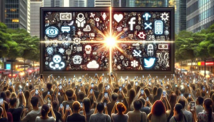 A vibrant digital billboard showcasing pop culture icons and memes, with a diverse crowd using smartphones in an urban setting.