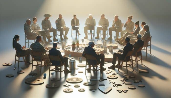 A peaceful support group session featuring veterans and mental health professionals in a softly illuminated room, surrounded by symbols of peace.