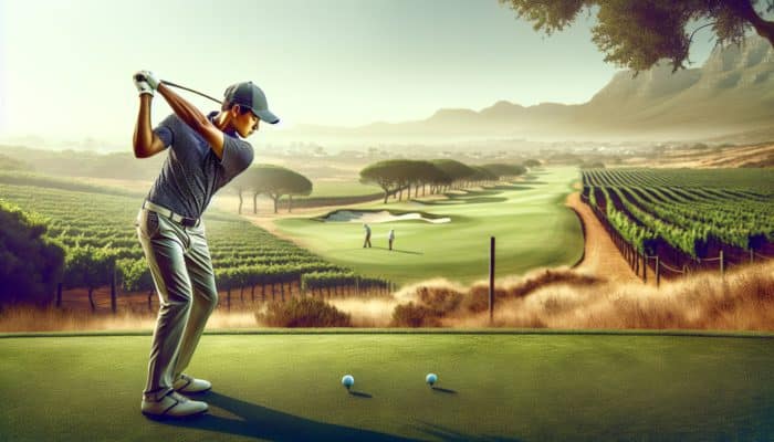 How to Hit a Golf Cut Shot: A right-handed golfer executing a cut shot on a South African course, navigating around obstacles towards the green.
