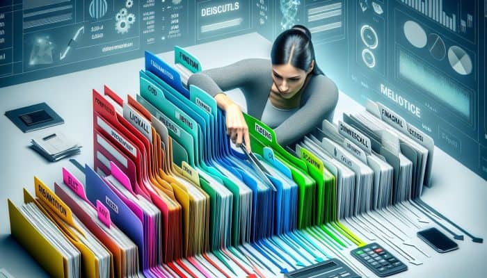 How to Track Debt Consolidation Progress: A person consolidating multiple colorful debt papers into one silver file labeled "Consolidation Loan" with a lower interest rate tag, symbolizing financial simplification and savings in the UK.