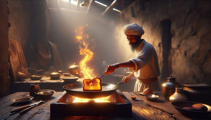 A chef expertly toasting bread in a frying pan over flames in a rustic kitchen.