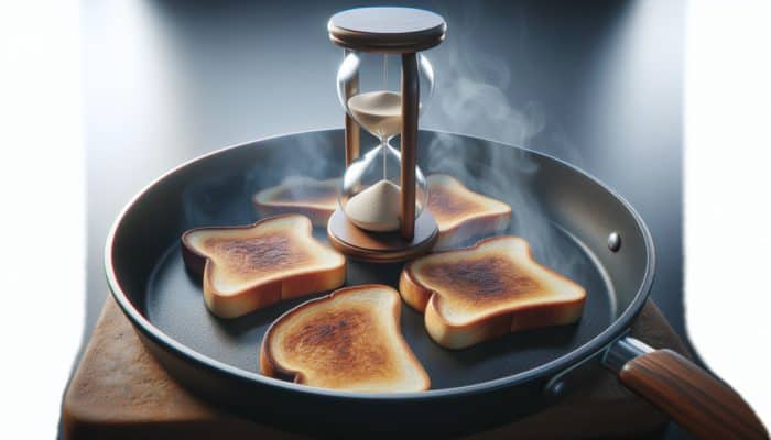Slices of bread toasting in a frying pan, turning golden brown, with a timer set for 2-3 minutes.