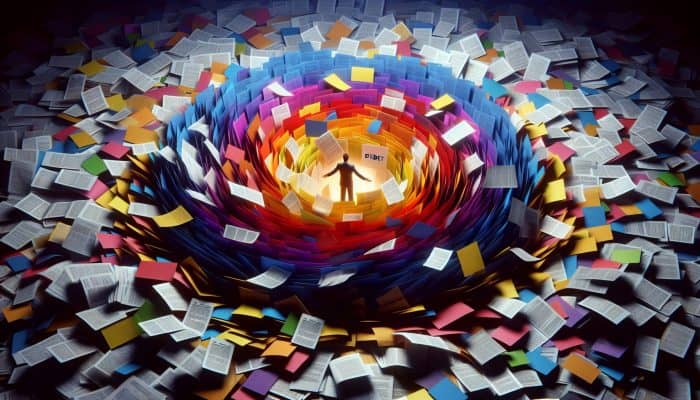 How to Choose a Debt Consolidation Lender: Person overwhelmed by swirling debt papers, finds relief in consolidating into a single glowing loan document.