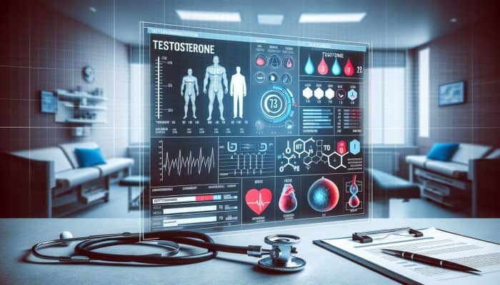 Testosterone Blood Test in Leominster: A medical chart illustrating testosterone levels ranging from 270 to 1070 ng/dL, annotated by a healthcare professional.