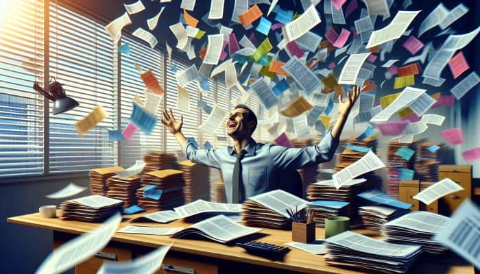 Debt Consolidation Loans and Late Payment Fees: UK Guide | DCL Debt Consolidation Loans and Late Payment Fees: Person consolidating chaotic debt papers into one orderly document, symbolizing financial relief and simplification.