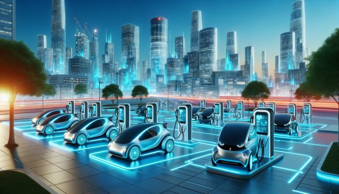 Futuristic cityscape with modern electric vehicle rental stations, vibrant displays, eco-friendly designs, clear blue sky.