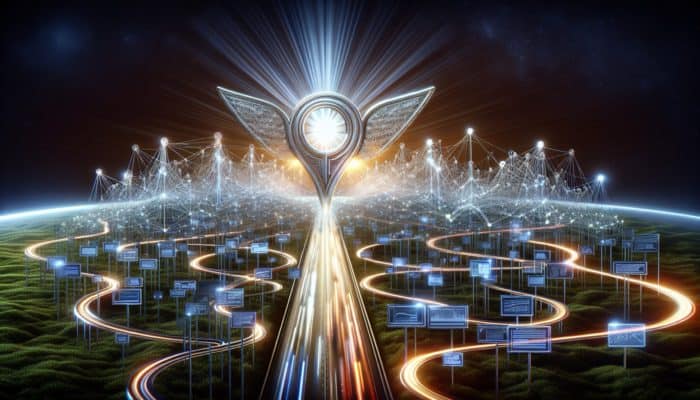 A glowing brand logo amidst interconnected search engine pathways, symbolizing SEO-driven customer retention and trust.