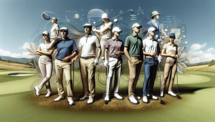 Expert golfers demonstrating premium golf apparel brands on a lush green course.