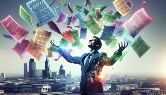 How I Avoided Bankruptcy With Debt Consolidation: A person consolidating multiple colorful debt papers into one glowing loan document, symbolizing financial relief.