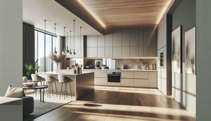 Modern kitchen featuring sleek, upgraded cabinets in neutral tones, enhancing both aesthetic and functionality.