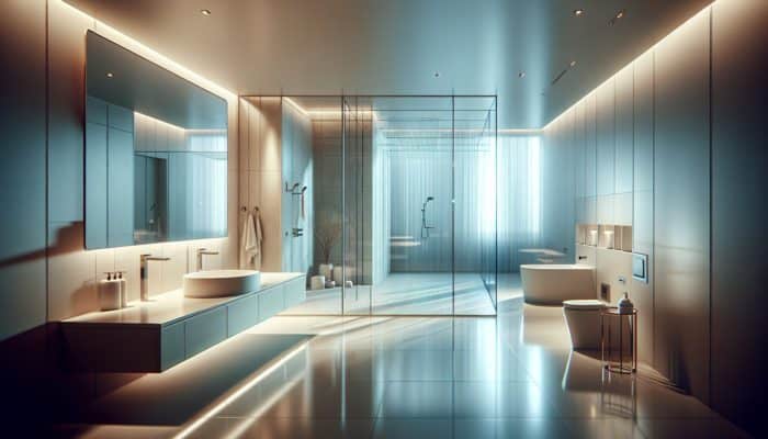 Sleek, modern bathroom featuring a minimalist sink, glass-walled shower, and ambient lighting.
