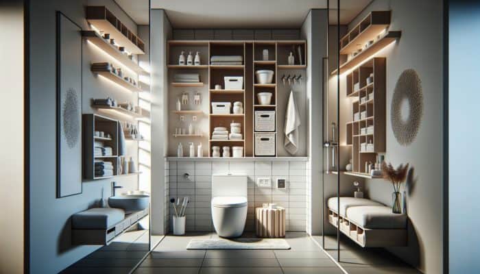 Modern bathroom featuring over-the-toilet shelves, wall niches, storage benches, and door organizers to maximize space and organization.