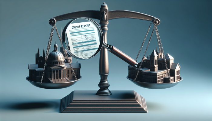 A scale with a credit report and magnifying glass, UK financial backdrop, symbolizing credit inquiries' impact on scores and borrowing.