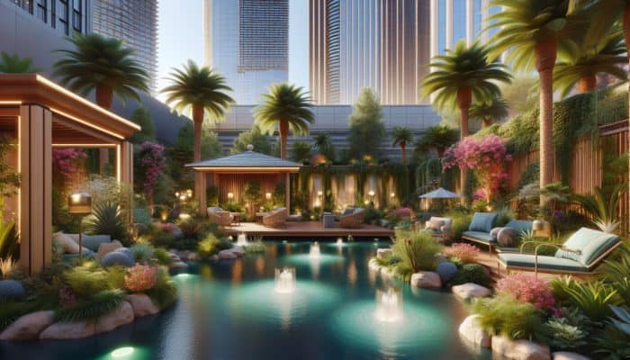 A serene oasis on the Las Vegas Strip with water features, greenery, and seating areas.