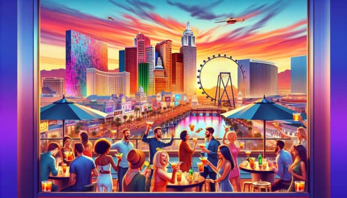 A lively Las Vegas rooftop bar at sunset featuring guests enjoying cocktails with a view of the city skyline, High Roller, and STRAT tower.