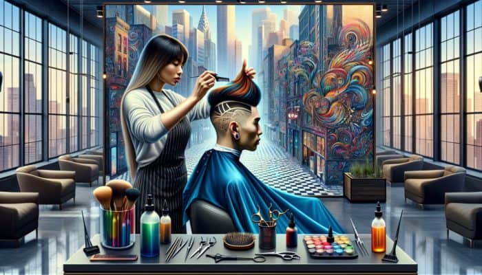 A hairstylist in a stylish salon enhancing an undercut with vibrant colors and intricate patterns.