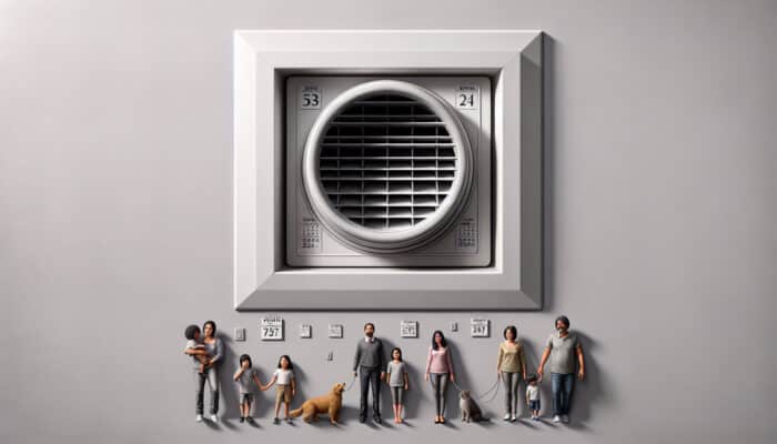 A well-maintained air vent in a modern Abbotsford home, with a calendar indicating annual cleaning and a family with pets.