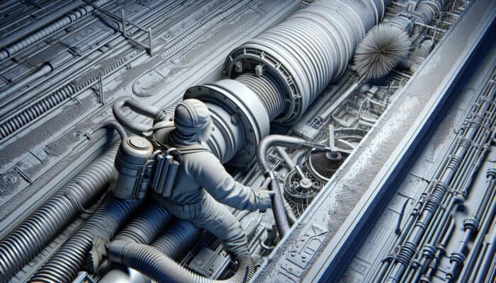 Technician utilizing high-powered vacuum and rotary brush to meticulously clean the ventilation system, effectively removing dust and debris.