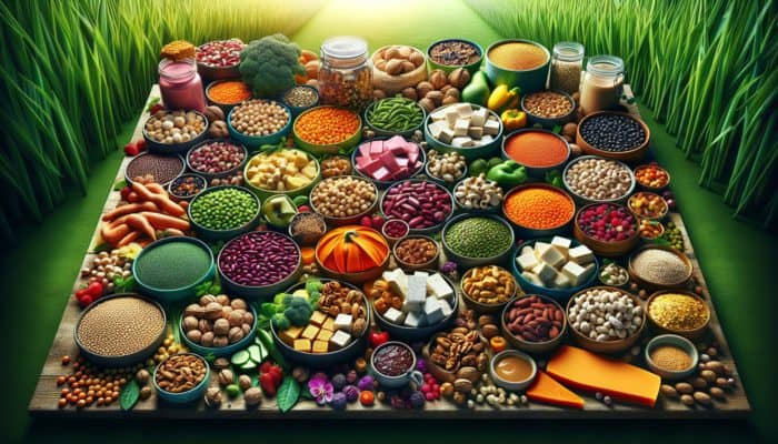 A vibrant display of various plant-based proteins including legumes, grains, nuts, seeds, tofu, tempeh, and seitan on a green background.
