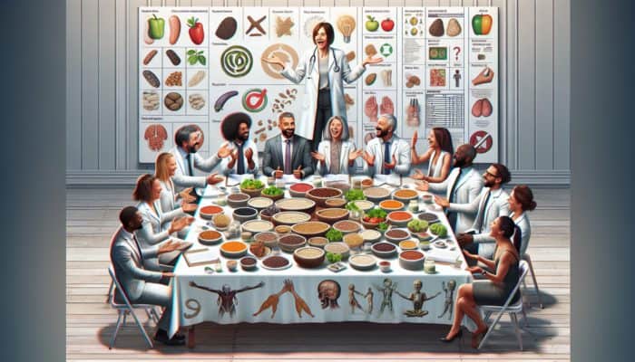 Nutrition experts discussing plant-based proteins with charts and graphs, surrounded by tofu, lentils, and quinoa.