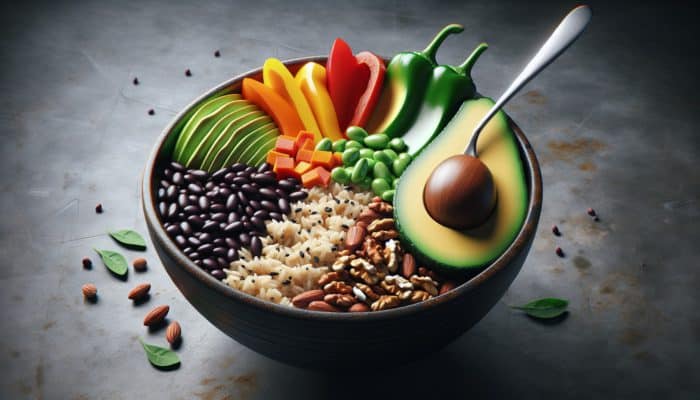 A vibrant bowl filled with brown rice, black beans, bell peppers, avocado, and nuts, representing a balanced, nutrient-rich meal.
