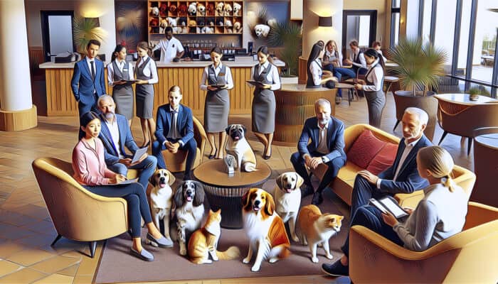 A warm hotel lobby showcasing pets and staff providing pet-friendly amenities and guidance.