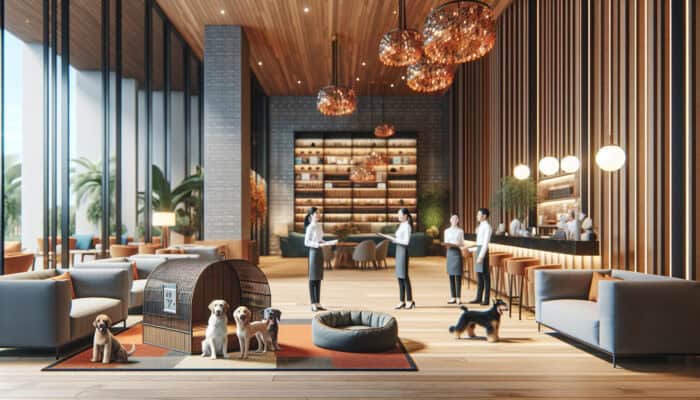 A welcoming hotel lobby featuring a pet-friendly zone, complete with a pet spa and dog beds, with staff engaging with guests and their pets.
