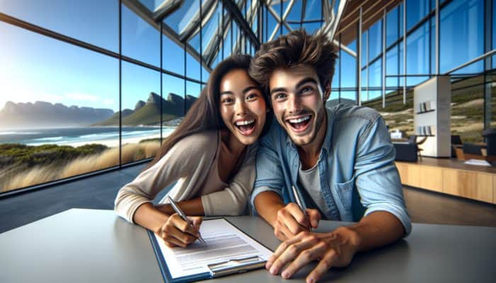 Young couple signing mortgage documents at a modern bank in Knysna, showcasing a coastal view.
