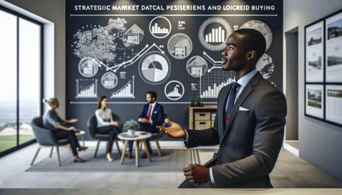 A person negotiating at a modern real estate office in Knysna, with market research charts displayed.