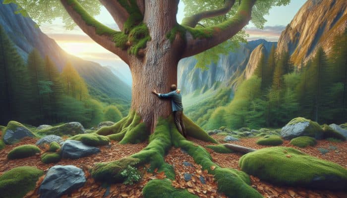 A person tenderly embracing a tree with rough bark, surrounded by lush moss, smooth stones, and vibrant leaves.