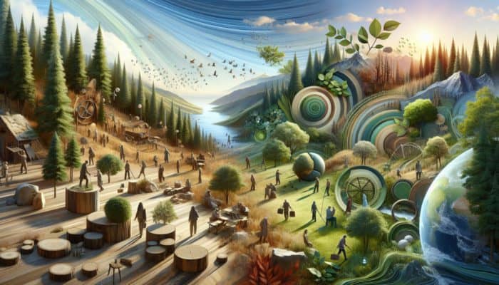A tranquil landscape showcasing natural textures like wood, stone, and leaves, symbolizing sustainable living and a circular economy.