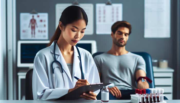 Person fasting 8-12 hours, drinking water, in clinic; healthcare provider notes medications on clipboard.