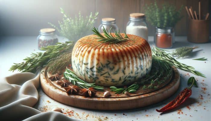 Smoked cheese wheel in herb brine with rosemary, thyme, paprika, and a dry spice crust.
