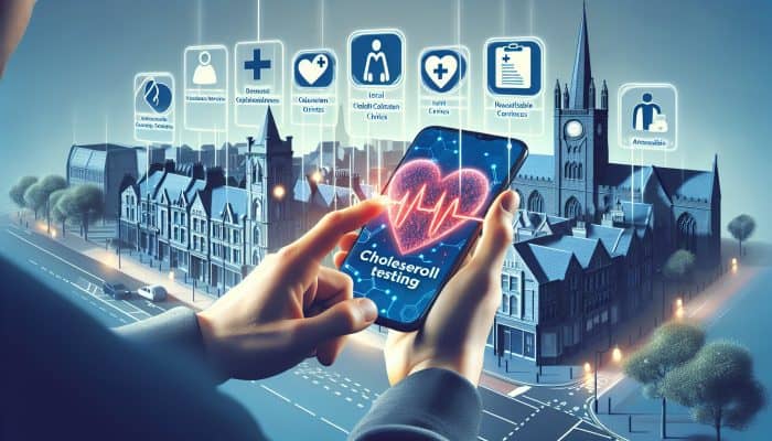 Person in Carlisle using smartphone to find cholesterol testing services, with clinic signs in background.