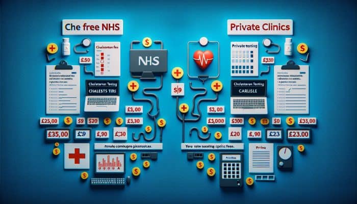 Comparison chart of NHS and private cholesterol testing costs in Carlisle, clinical setting.