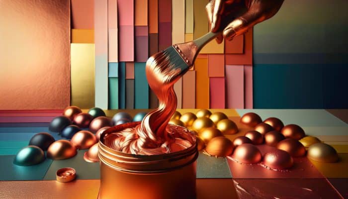 A vibrant palette of copper hues being mixed carefully to maintain their sheen, set against harmonious colors.
