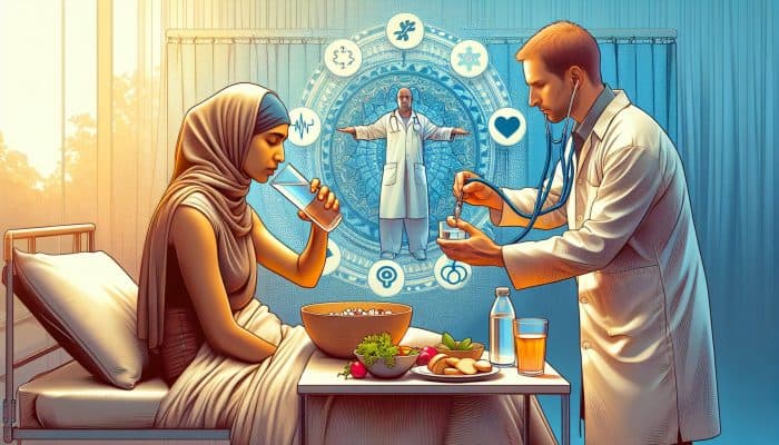 A patient calmly preparing for a ferritin test, drinking water, and receiving guidance from a healthcare provider.