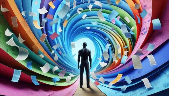 Debt Consolidation Loan Refinancing Strategies: A person feeling relieved as multiple colorful papers merge into one calming blue sheet, symbolizing debt consolidation.