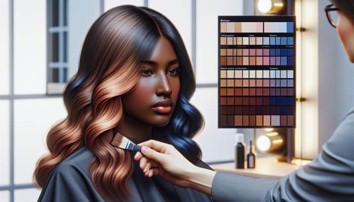 Stylist selecting balayage colours, considering skin and hair tones, using a palette of warm and cool shades for a dynamic gradient.