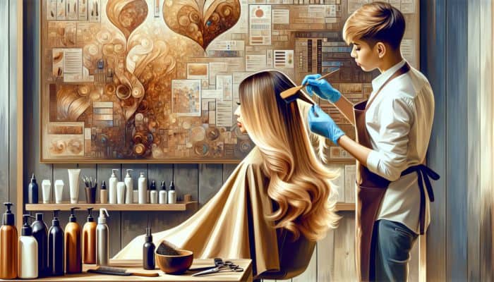 Stylist applying balayage with golden blonde and soft caramel tones on a client with warm skin undertones.