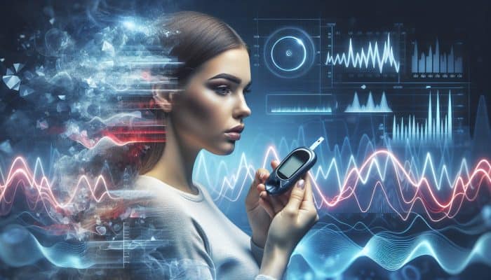 Diabetes Blood Test in Corby: A person using a glucose meter to check blood sugar, with charts showing fluctuating levels.