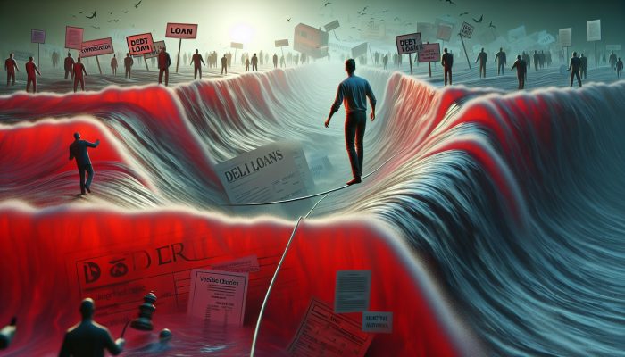 Can Debt Consolidation Lead to More Debt: UK Insights | DCL A person on a tightrope over red numbers and loan documents, with a clear path and shadowy figures representing debt consolidation risks.