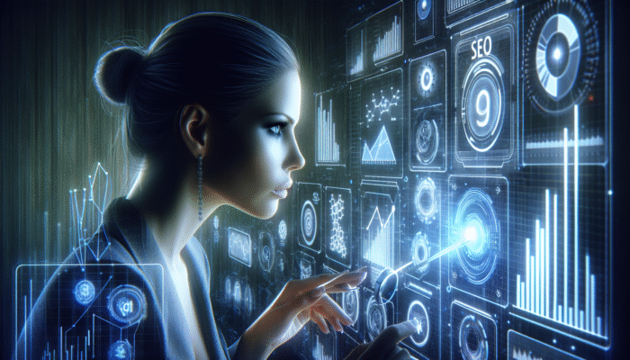 A digital marketing expert analyzing SEO data on a futuristic screen with holographic graphs and keywords, enhancing AEO strategies.