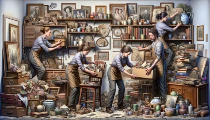 A house clearance team compassionately handling sentimental items in a nostalgic home, managing time and logistical challenges.