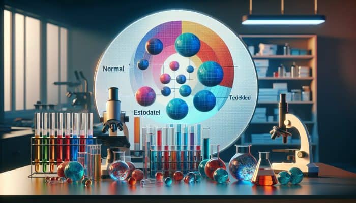 A medical chart showing testosterone ranges for men and women, with color-coded levels, in a lab setting.