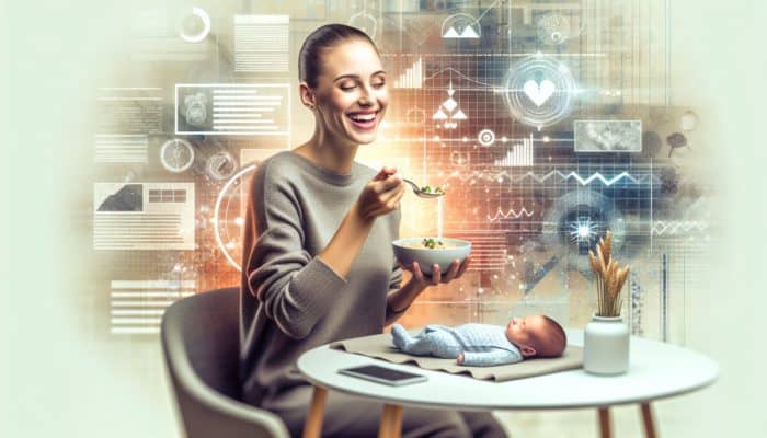 A new mother enjoying a small meal every few hours, looking content with her newborn nearby.